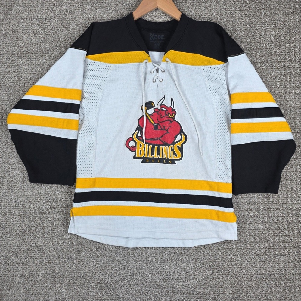 Billings Bulls Kobe Hockey Jersey Youth Medium White Yellow Black Lace Up Neck